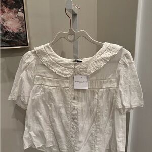 American Eagle Outfitters Cream Blouse with Ruffled Collar